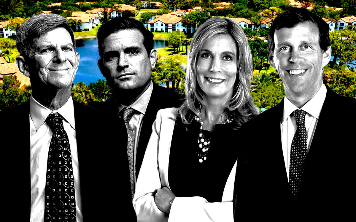 From left: Capital Square’s Louis Rogers and Whitson Huffman (buyers); Bell Partners’ Jon Bell and Lili Dunn (sellers); the Bell Parkland apartment complex at 5851 Holmberg Road in Parkland (Capital Square, Bell Partners, BellParkland.com)