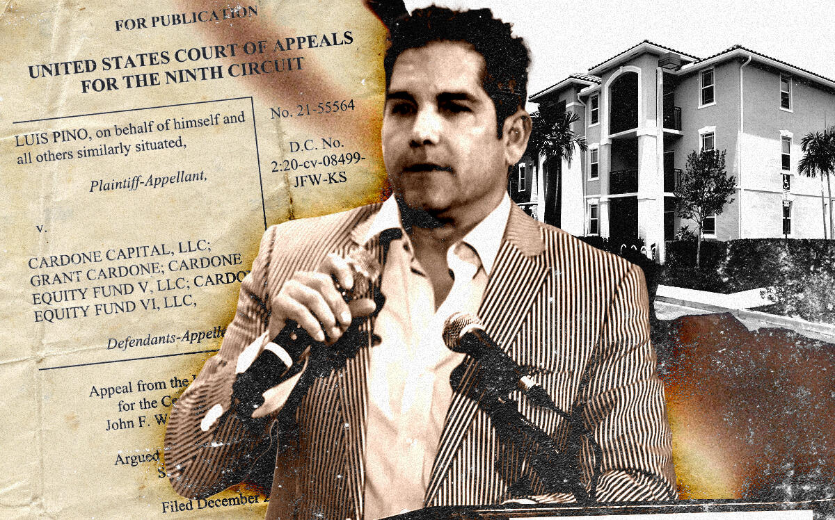 A photo illustration of Grant Cardone (Getty, Google Maps, United States District Court for the Central District of California)