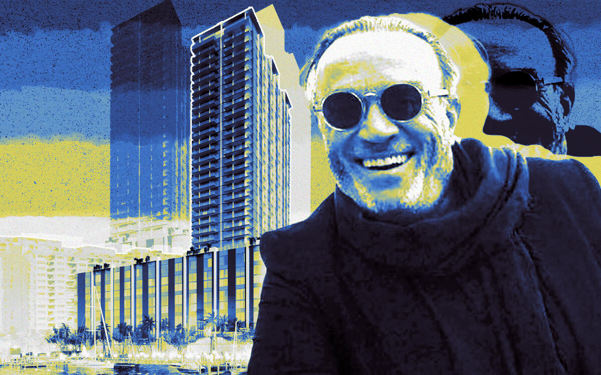 A photo illustration of Jesta Group’s CEO Elliott Aintabi along with a rendering of the planned tower at 1819-1855 79th Street in North Bay Village (Getty, Jesta, Kobi Karp)