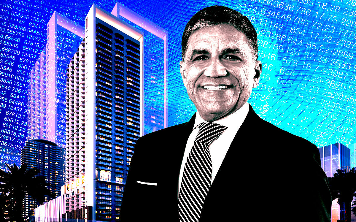 A photo illustration of Moinian Group’s Joseph Moinian along with a rendering of Bezel Miami at 650 Northeast Second Avenue (Getty, Moinian Group)