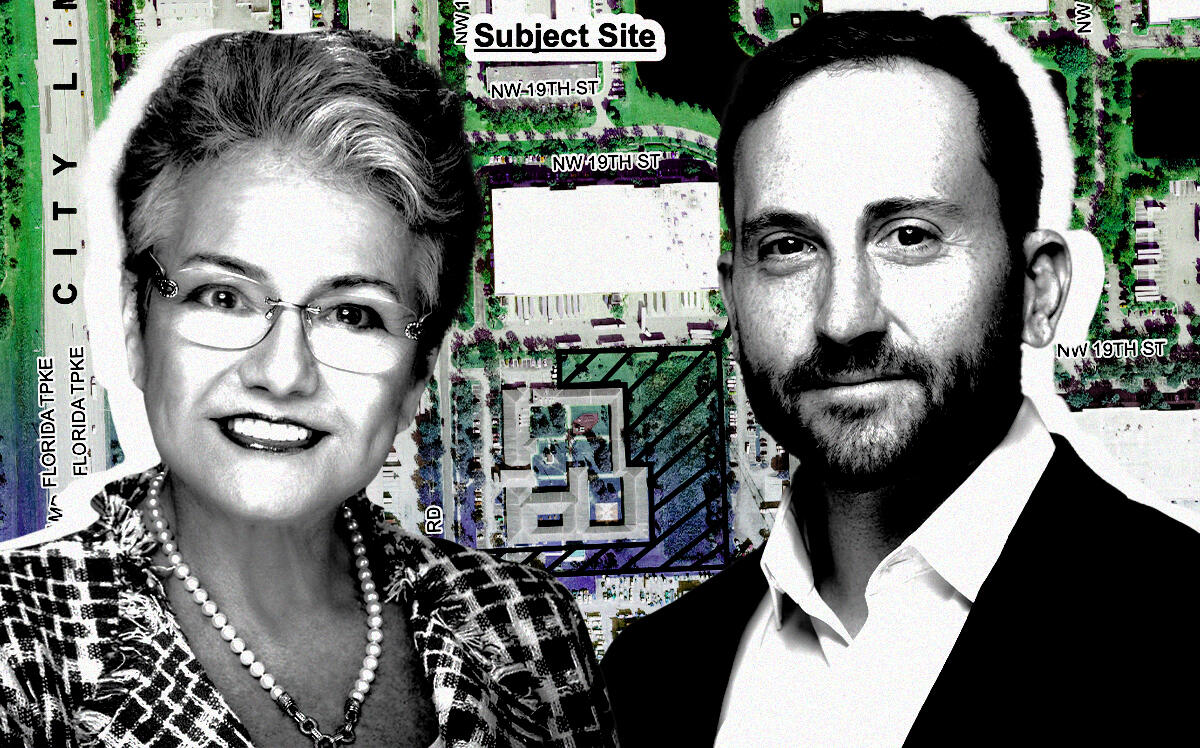 From left: KEITH's Dodie Keith-Lazowick and Green Mills LLC's Mitch Rosenstein along with an aerial view of the affordable housing development site at 1700 Blount Road in Pompano Beach (Getty, City of Pompano Beach, Green Mills LLC, LinkedIn/Dodie Keith-Lazowick)
