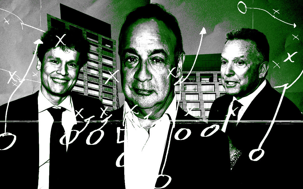 From left: Jonah Sonnenborn, Len Blavatnik and Steve Witkoff along with a rendering of the luxury condo project on Manhattan's High Line (Photo Illustration by Steven Dilakian for The Real Deal with Getty Images and DBOX)
