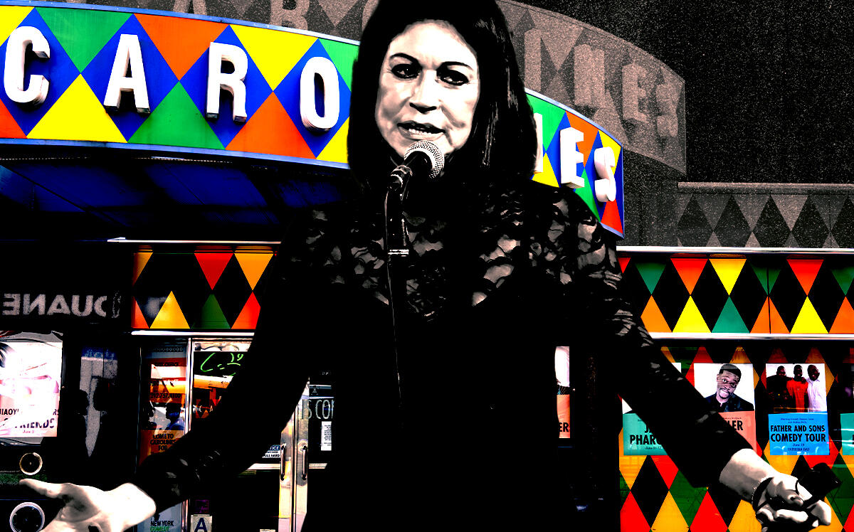 A photo illustration of Carolines on Broadway owner Caroline Hirsch and 750 Seventh Avenue (Getty)