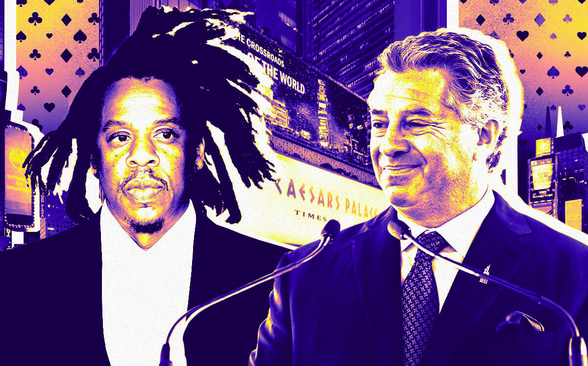 From left: SL Green's Marc Holliday and Roc Nation's Jay-Z along with a rendering of the proposed Caesars Palace Times Square project (Getty Images, SL Green Realty Corp)