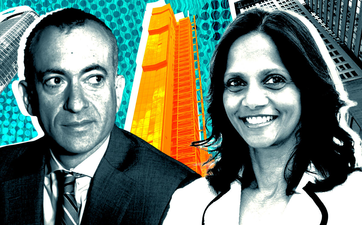 From left: Trinity Place Holdings’ Matthew Messinger and Macquarie Group’s Shemara Wikramanayake along with 77 Greenwich Street (Getty, Trinity Place Holdings, Macquarie Group, Google Maps)