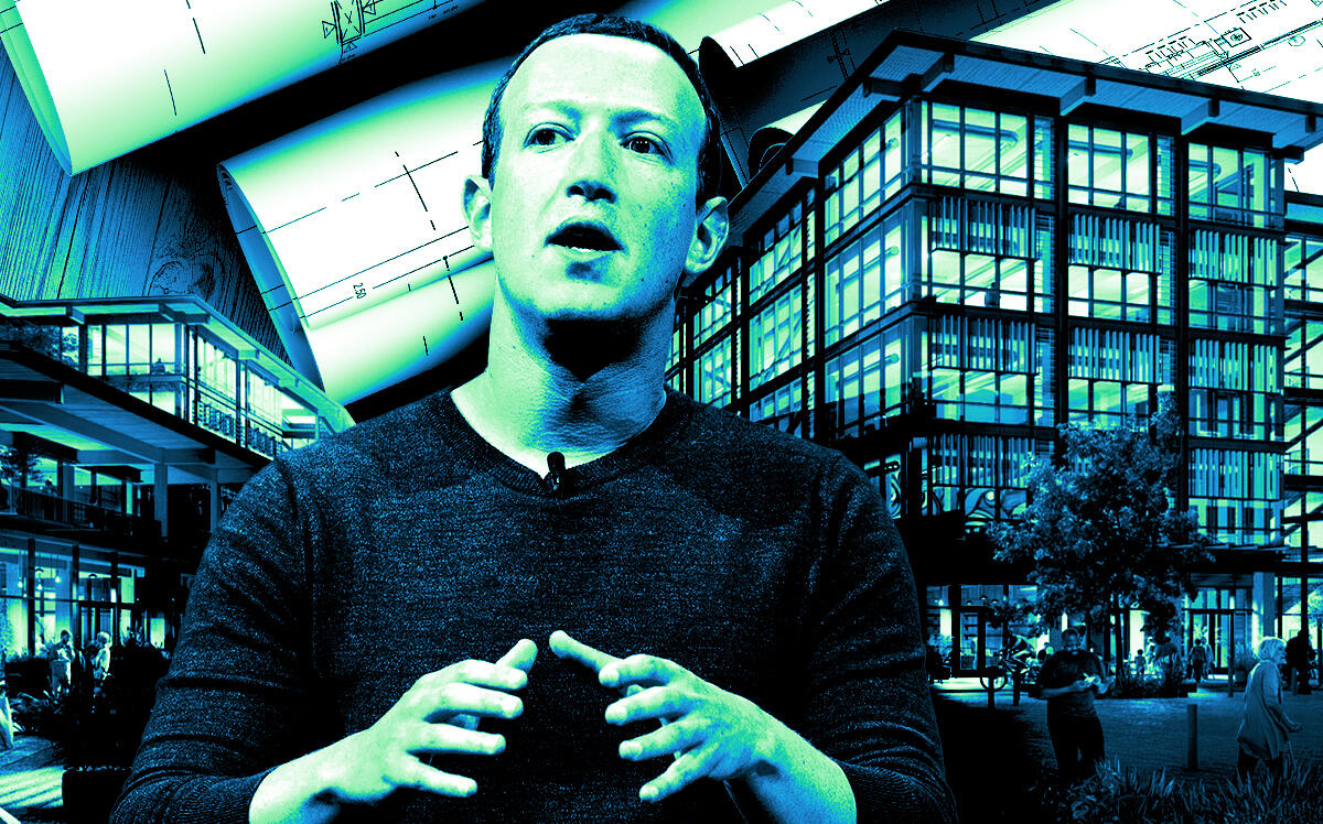 Mark Zuckerberg, co-founder, Meta Platforms along with a rendering of Willow Village near Meta’s HQ campus (Getty, Facebook, Signature Development Group)