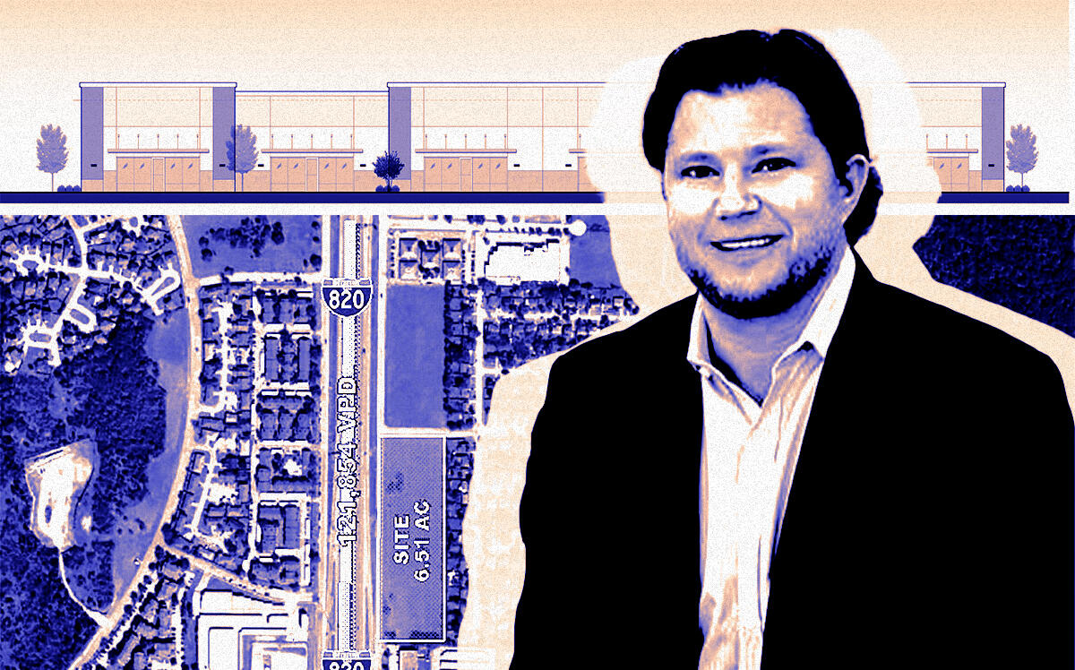 A photo illustration of Bradford Commercial's Erik Blais along with a site map of the land acquired on Loop 820 and a rendering of the planned flex office (Getty, Bradford Commercial, LFP Properties)