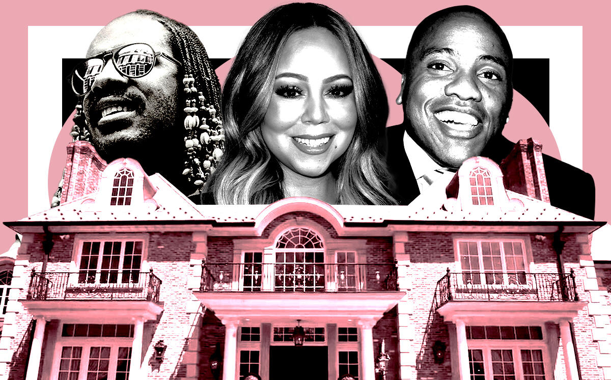 From left: Stevie Wonder, Mariah Carey, and Kedar Massenbur along with 11 East Denison Drive in Saddle River, New Jersey (Getty, Coldwell Banker Realty)