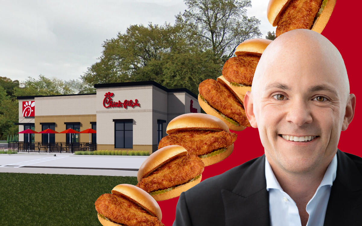 Chick-fil-A CEO Andrew Cathy and a rendering of Chik-fil-A 2205 Central Park Avenue in Yonkers 
