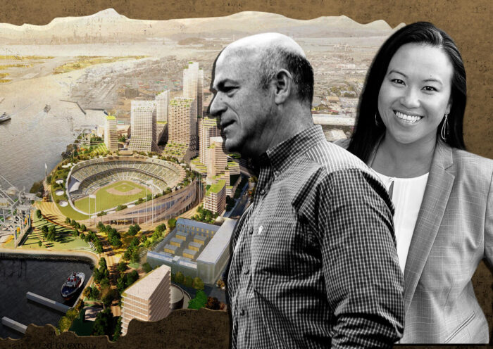 The proposed stadium development at Howard Terminal in Oakland with Oakland A’s owner John Fisher and Oakland Mayor Sheng Thao (MLB, Getty, City of Oakland)