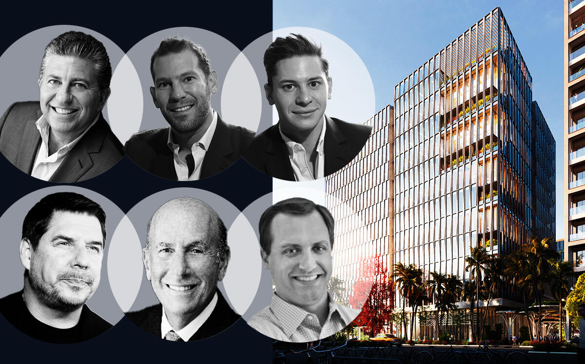 Renderings of The Wynwood Plaza with L&amp;L’s David Levinson and Robert Lapidus, Oak Row’s Erik Rutter and David Weitz, Marcelo Claure and Shorenstein’s Matt Knisely (L&amp;L, Shorentein, JDH, LinkedIn)