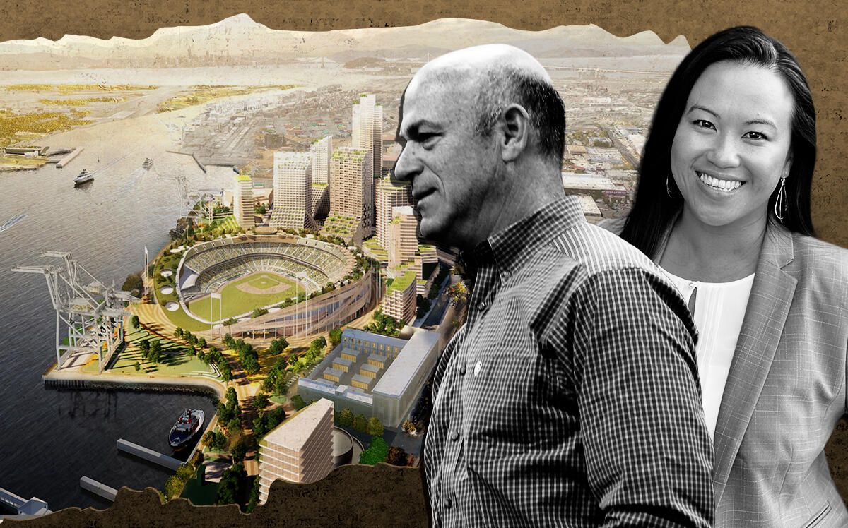 The proposed stadium development at Howard Terminal in Oakland with Oakland A’s owner John Fisher and Oakland Mayor Sheng Thao (MLB, Getty, City of Oakland)