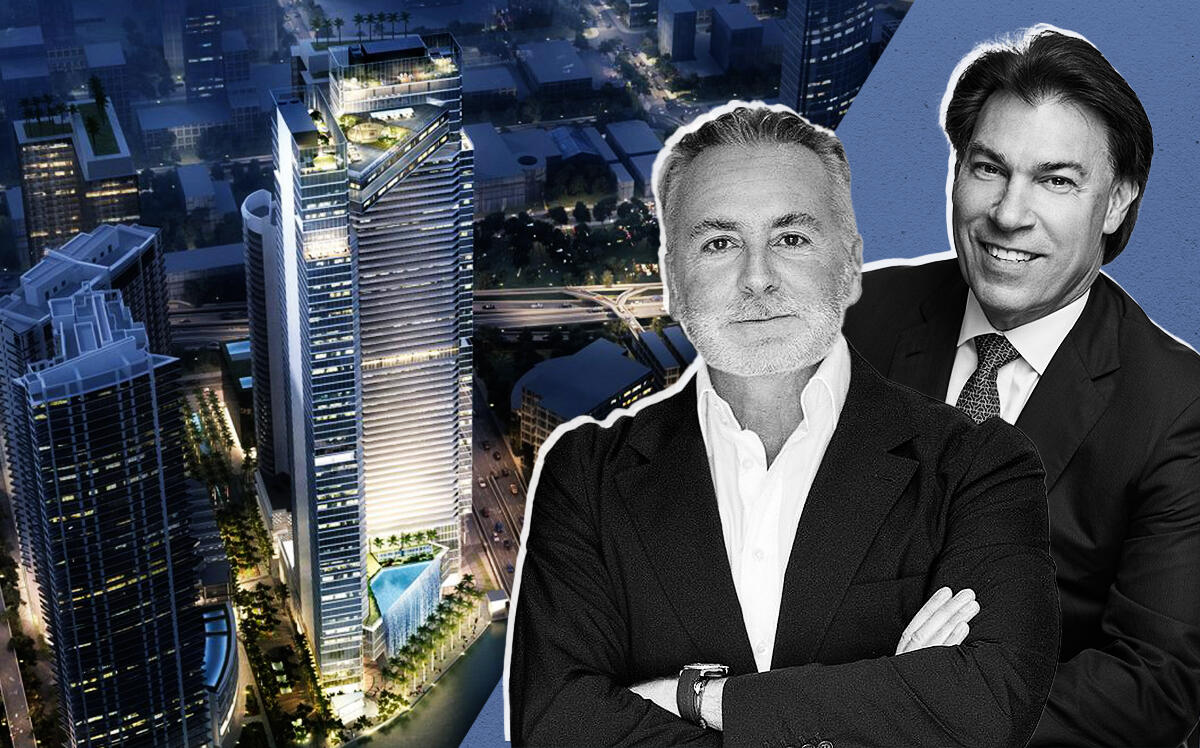 Rendering of One River Point with KAR Properties' Shahab Karmely and Fortune International Group's Edgardo Defortuna (One River Point, KAR Properties, Fortune International Group)