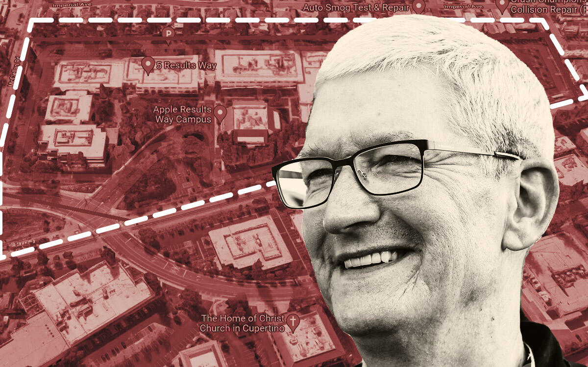 Apple's Tim Cook and map of 1 Results Way, Cupertino (Getty, Google Maps)