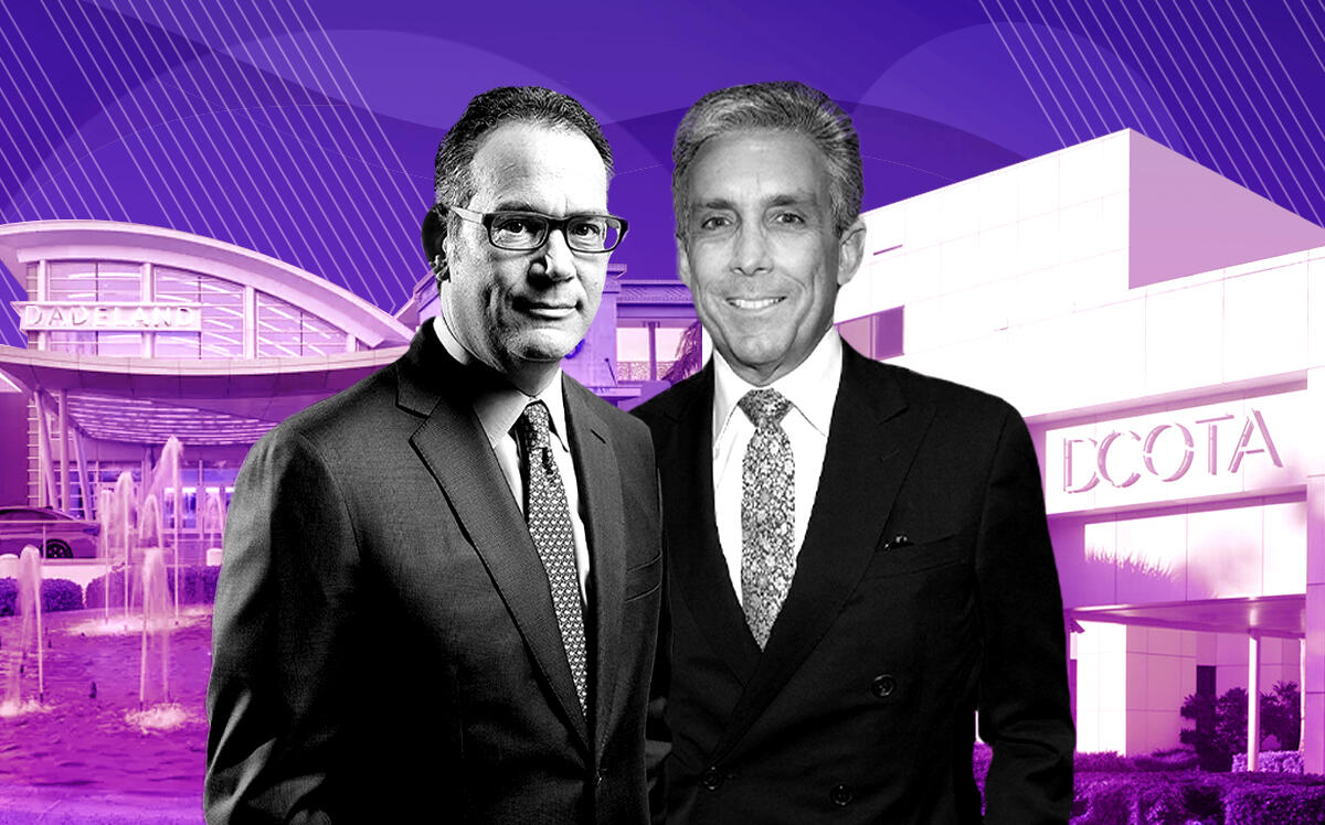 From left: Simon Property Group’s David Simon and Cohen Brothers Realty's Charles Cohen with the Dadeland Mall and the Design Center of the Americas
