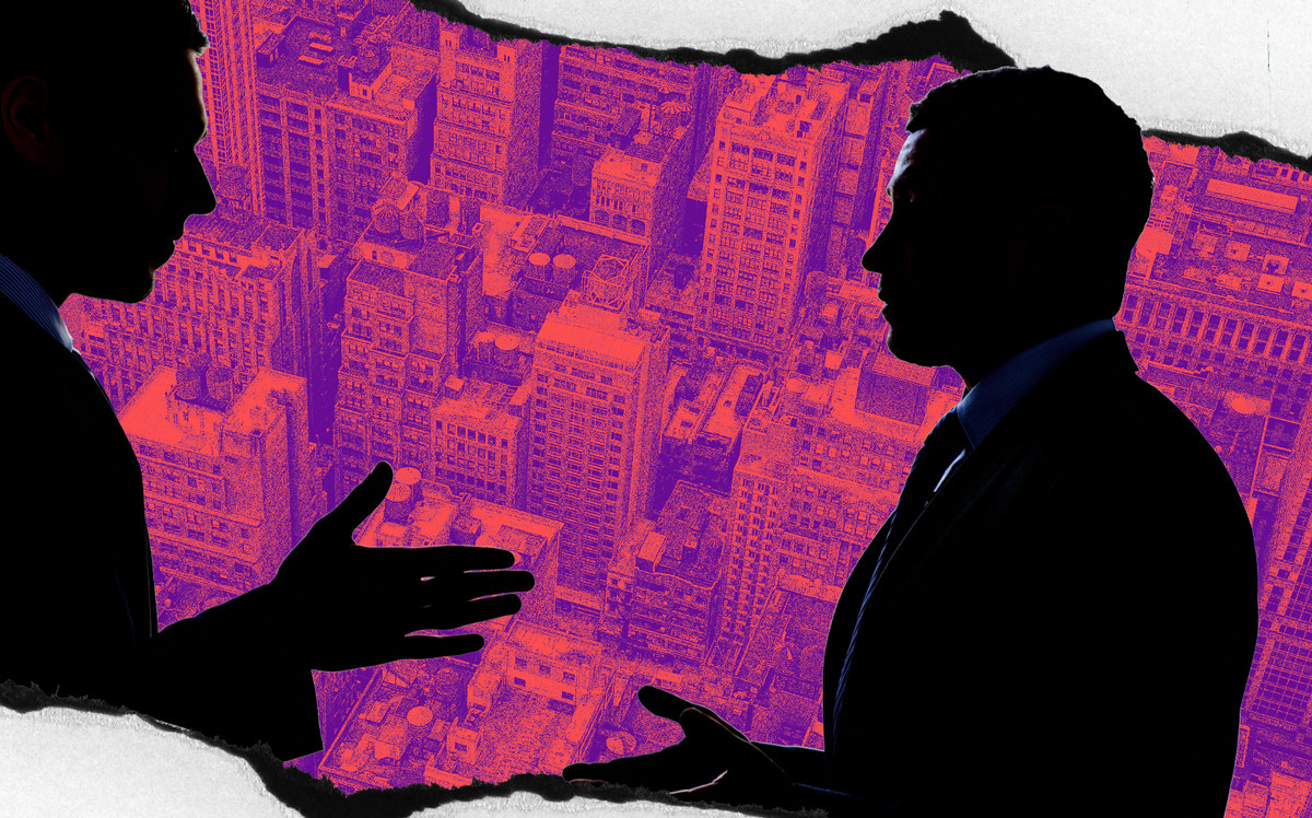Businessmen arguing with buildings