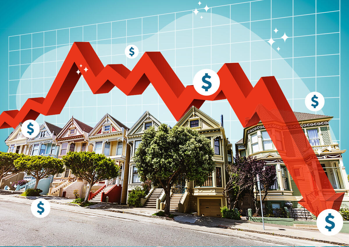 SF houses with a down trending arrow and dollar signs