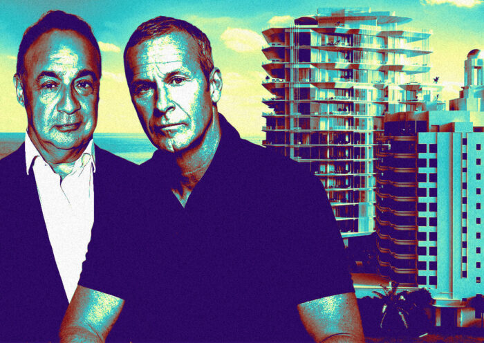 From left: Len Blavatnik and Vlad Doronin along with a rendering of Aman Miami Beach at 3425 Collins Avenue (Getty, OKO Group, Access Industries)