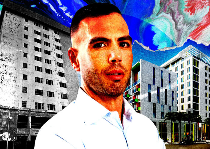 A photo illustration of B Group Capital Management CEO Sebastian Barbagallo and the property at 7880 Biscayne Boulevard (left), as well as a rendering of the originally-planned Triton Center (right) (Getty, Google Maps, B Group Capital Management, Triton Center)