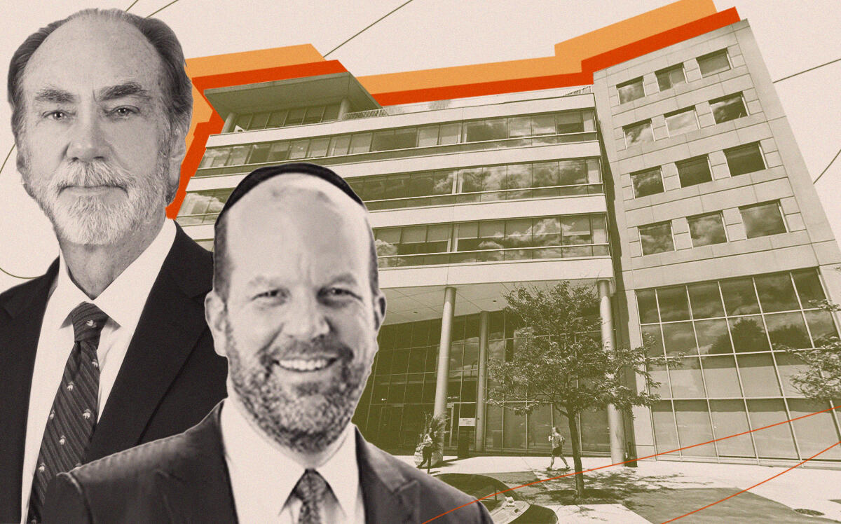 Franklin Street Properties' George Carter and Red River Asset Management's Bruce Stern with 909 Davis Street (Franklin Street Properties, Red River Asset Management, Google Maps)