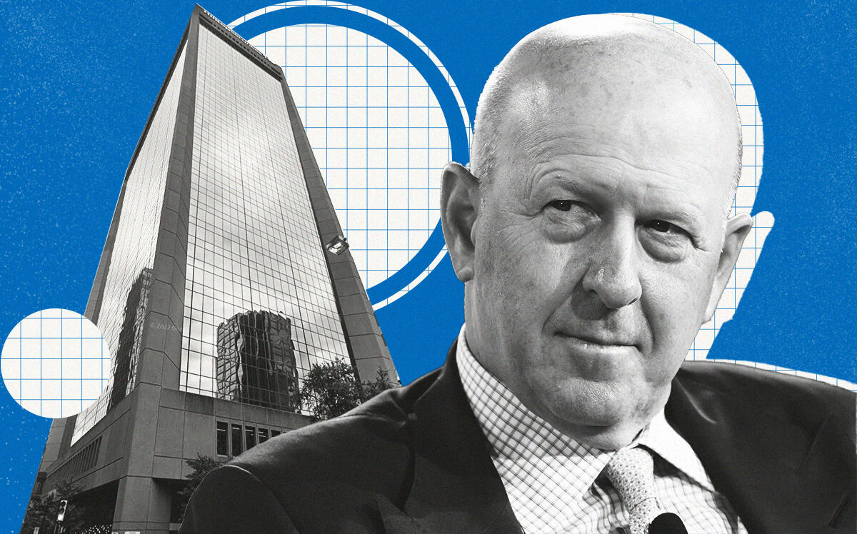 Goldman Sachs' David Solomon with 717 North Harwood Street (Illustration by The Real Deal with Getty, Google Maps)