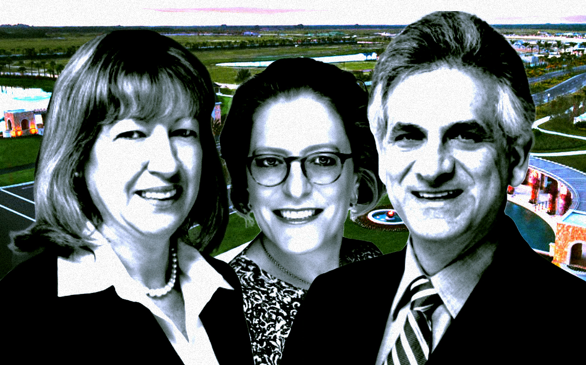 From left: Landstar Development Group's Virginia Cepero, Rosa Eckstein Schecter, and David Serviansky along with a rendering of Avenir in Palm Beach Gardens (Getty, Landstar Development Group)