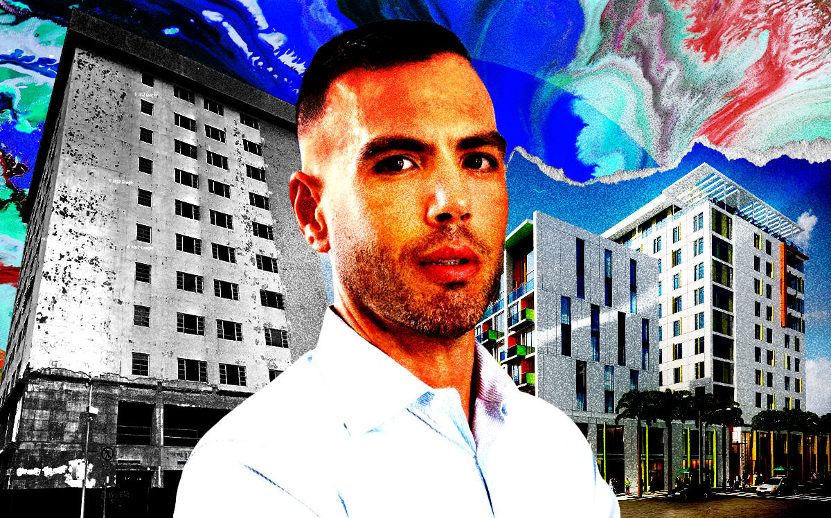 A photo illustration of B Group Capital Management CEO Sebastian Barbagallo and the property at 7880 Biscayne Boulevard (left), as well as a rendering of the originally-planned Triton Center (right) (Getty, Google Maps, B Group Capital Management, Triton Center)