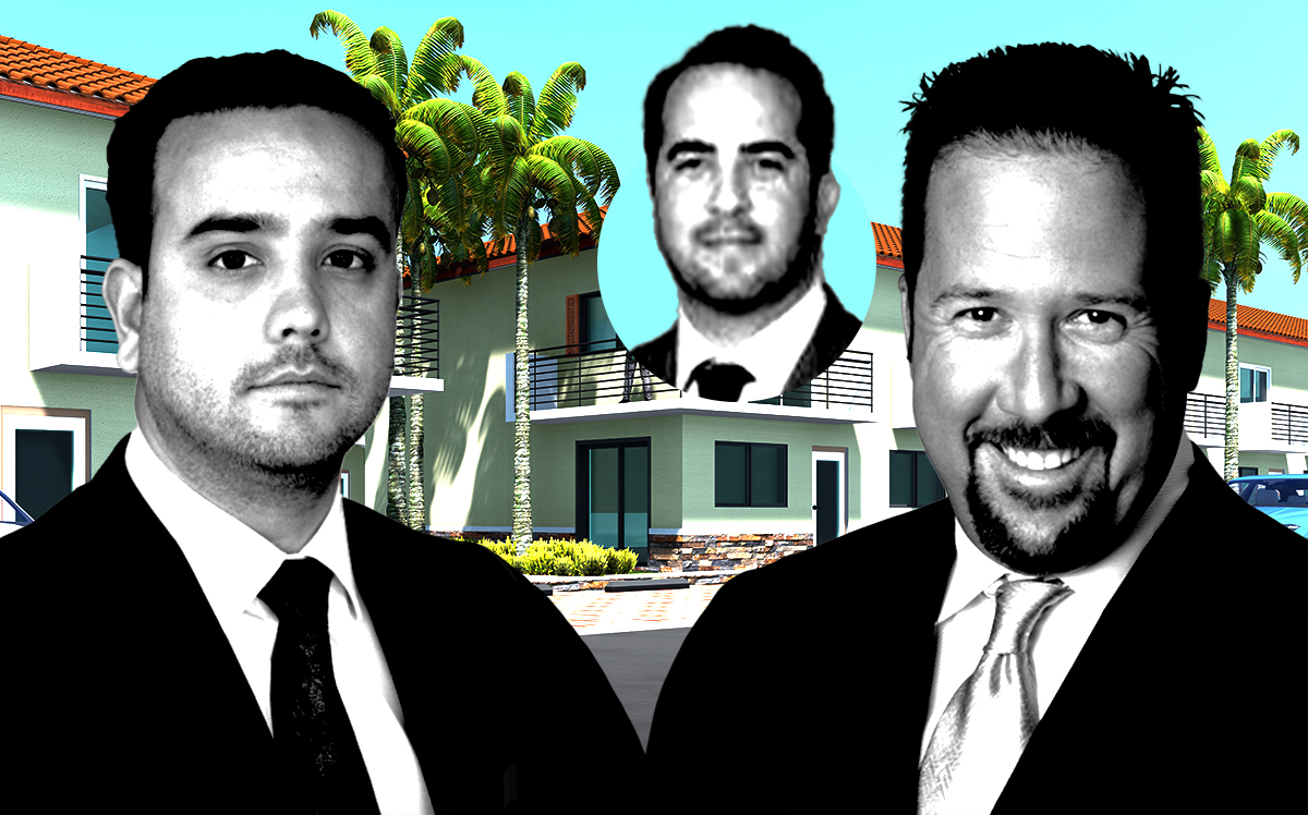 From left: Prestige Companies’ Alexander Ruiz, Florida Value Partners’ Gus Alfonso, Prestige Companies’ Marty Caparros, and a rendering of 7450 West Fourth Avenue in Hialeah (Getty, DTI Architects, Prestige Companies, Florida Value Partners)