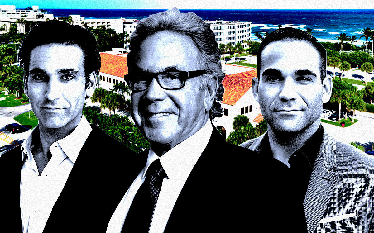 From left: Randall Realty Group’s Jordan, Jim, and Benjamin Randall along with 2875 South Ocean Boulevard in Palm Beach (Getty, LoopNet, Randall Realty Group)