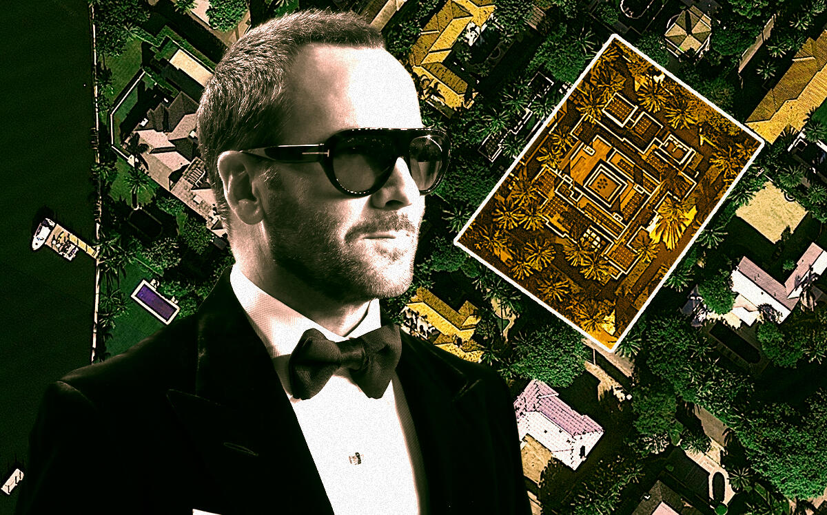 A photo illustration of Tom Ford and 241 Jungle Road in Palm Beach (Getty, Google Maps)