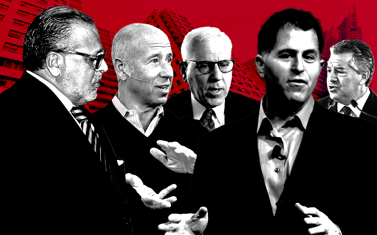 From left: Joseph Chetrit, Barry Sternlicht, David Rubenstein, Michael Dell, and Marc Holliday, along with 305 East 86th Street and 1540 Broadway (Getty, Carlyle, Google Maps)