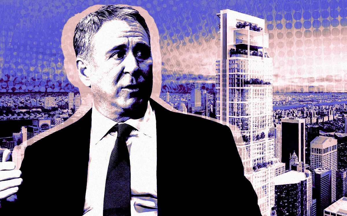 A photo illustration of Citadel's Ken Griffin and a rendering of the planned tower at 350 Park Avenue (Getty, Citadel LLC, DBOX for Foster + Partner)