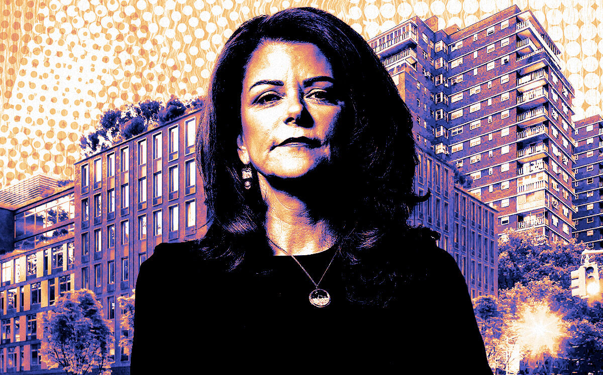 A photo illustration of MAG Partners' MaryAnne Gilmartin along with a rendering of 335 Eighth Avenue (Getty, MAG Partners)