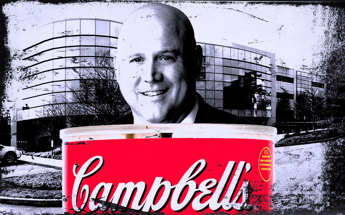 Campbell's Soup CEO Mark Clouse and 595 Westport Avenue in Norwalk, Connecticut (Getty, LoopNet, Campbell's Soup)