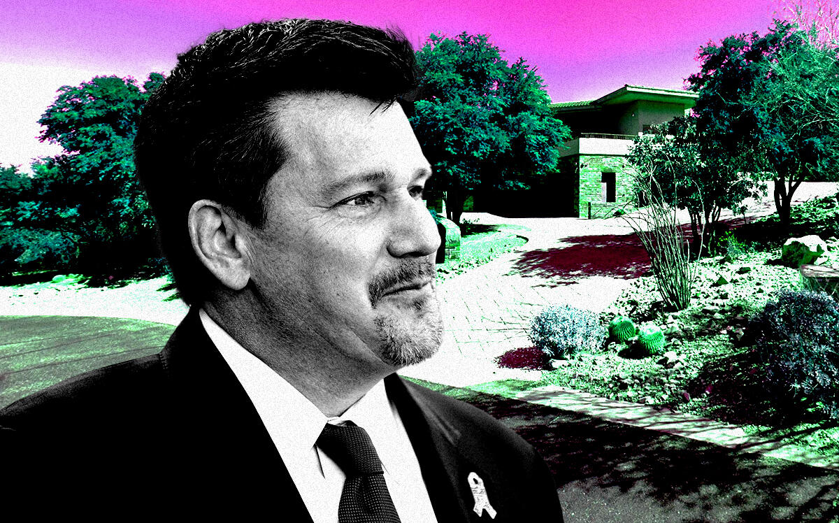 A photo illustration of Arizona Cardinals' owner Michael Bidwill and 7451 N Las Brisas Lane in Paradise Valley (Getty, Google Maps)