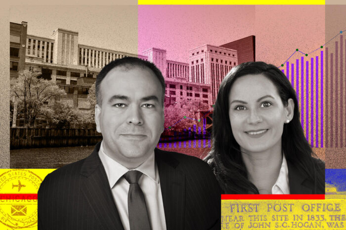 Cook County Assessor Fritz Kaegi and Commissioner Samantha Steele with Chicago’s Old Post Office (Photo-illustration by Paul Dilakian/The Real Deal)