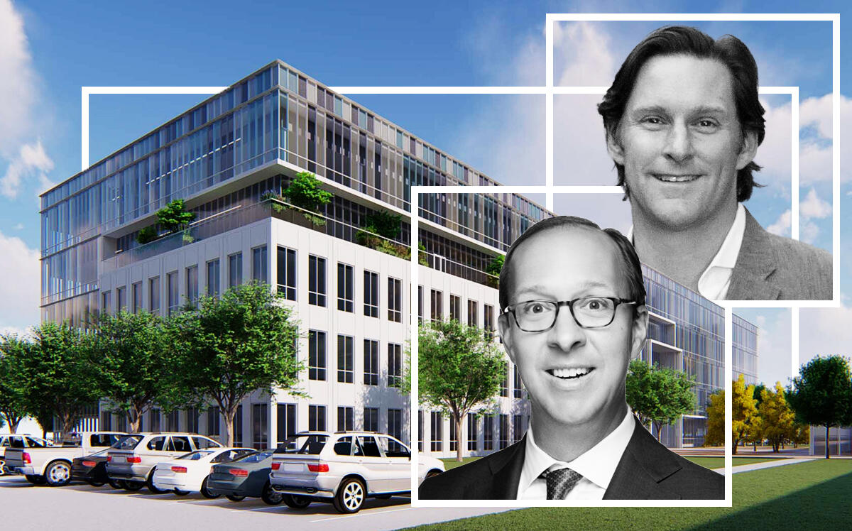Lucid Private Offices' Flip Howard, JLL's Trevor Franke and a rendering of of the newest building in International Business Park located at 6275 W. Plano Parkway