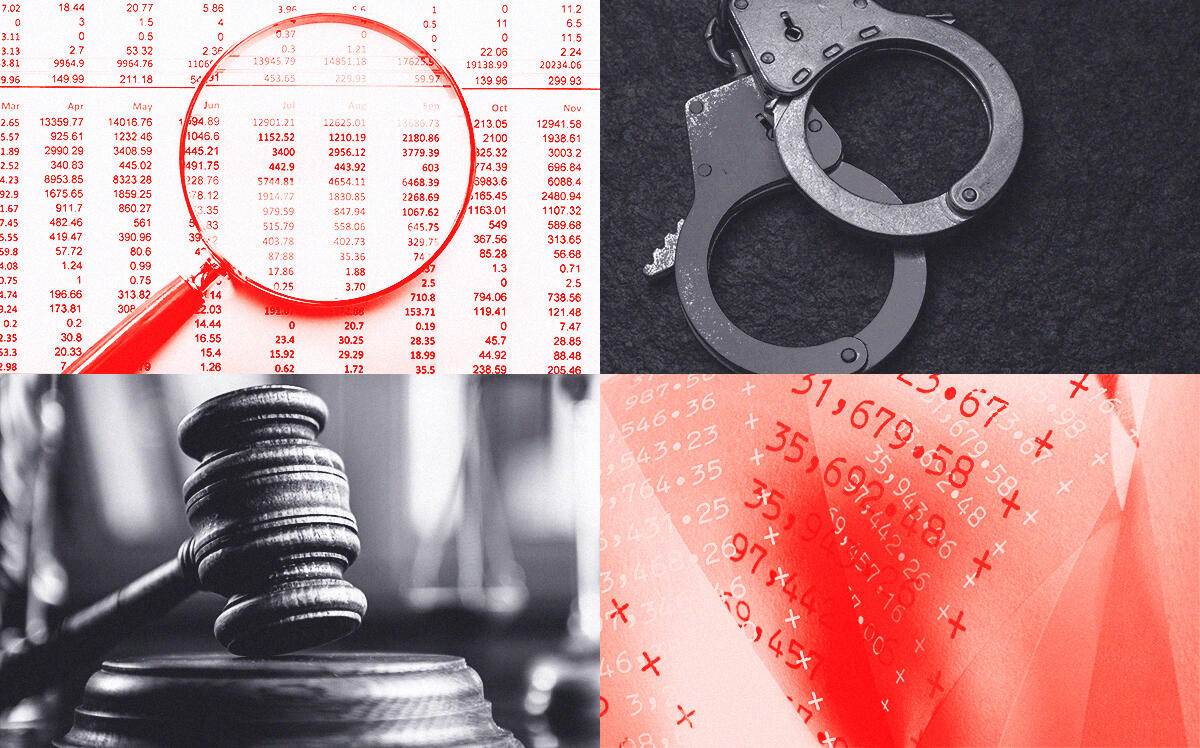 Magnifying glass, handcuffs, gavel, numbers