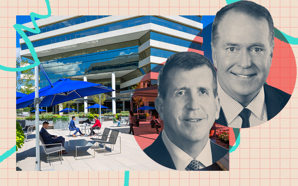 Marcus Partners' Paul Marcus and Clarion Partners' David Gilbert with 301 Merritt 7 building 501's outdoor plaza
