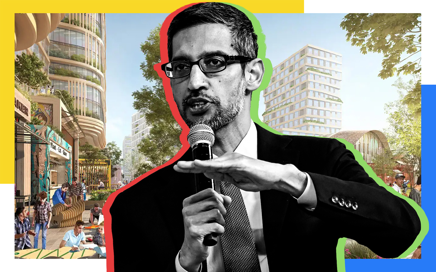 Google's Sundar Pichai and renderings of  its Downtown West megaproject