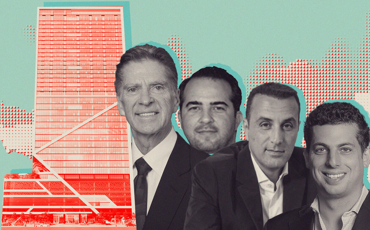 The John Buck Company's John Buck, Florida Value Partners’ Gus Alfonso, BH Group’s Isaac Toledano and Pebb Enterprises’ Ian Weiner with rendering of the Miami Station project