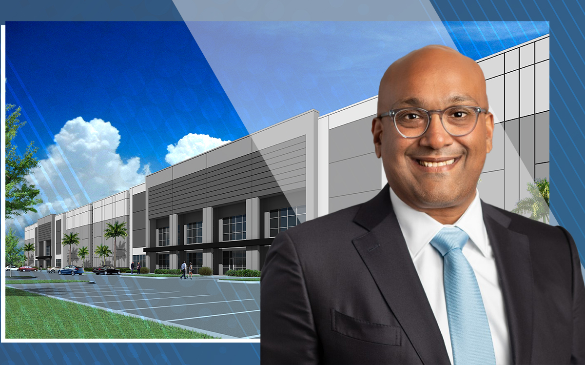 Ambrose’s Aasif Bade and a rendering of the warehouse at 15810 Walgreens Drive in Palm Beach