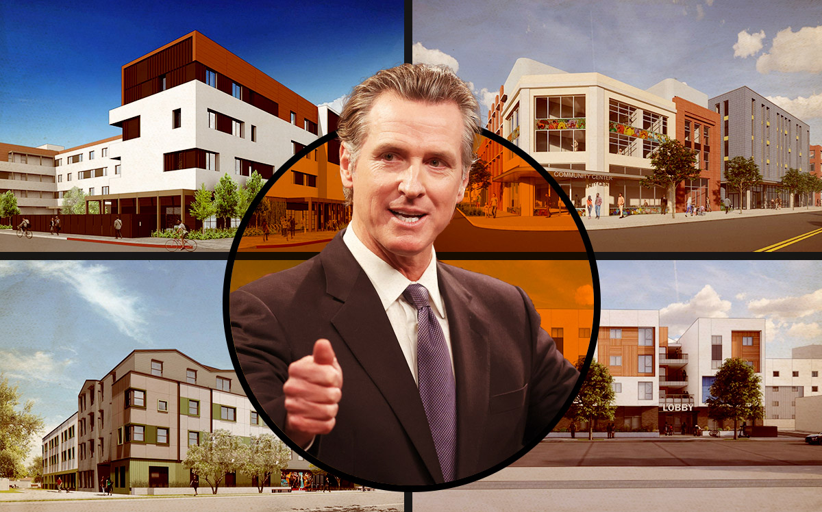 California Gov. Gavin Newsom; collage of funded Los Angeles County projects (Getty, GGLO Design, Abode Communities, KFA Architecture)