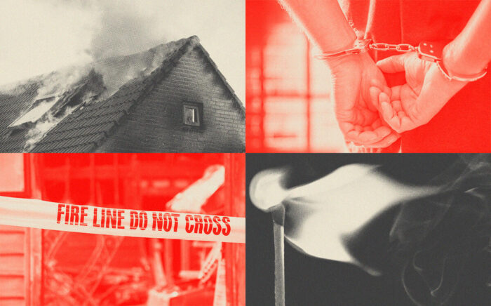 House fire, arson, hands in hand cuffs, lit match