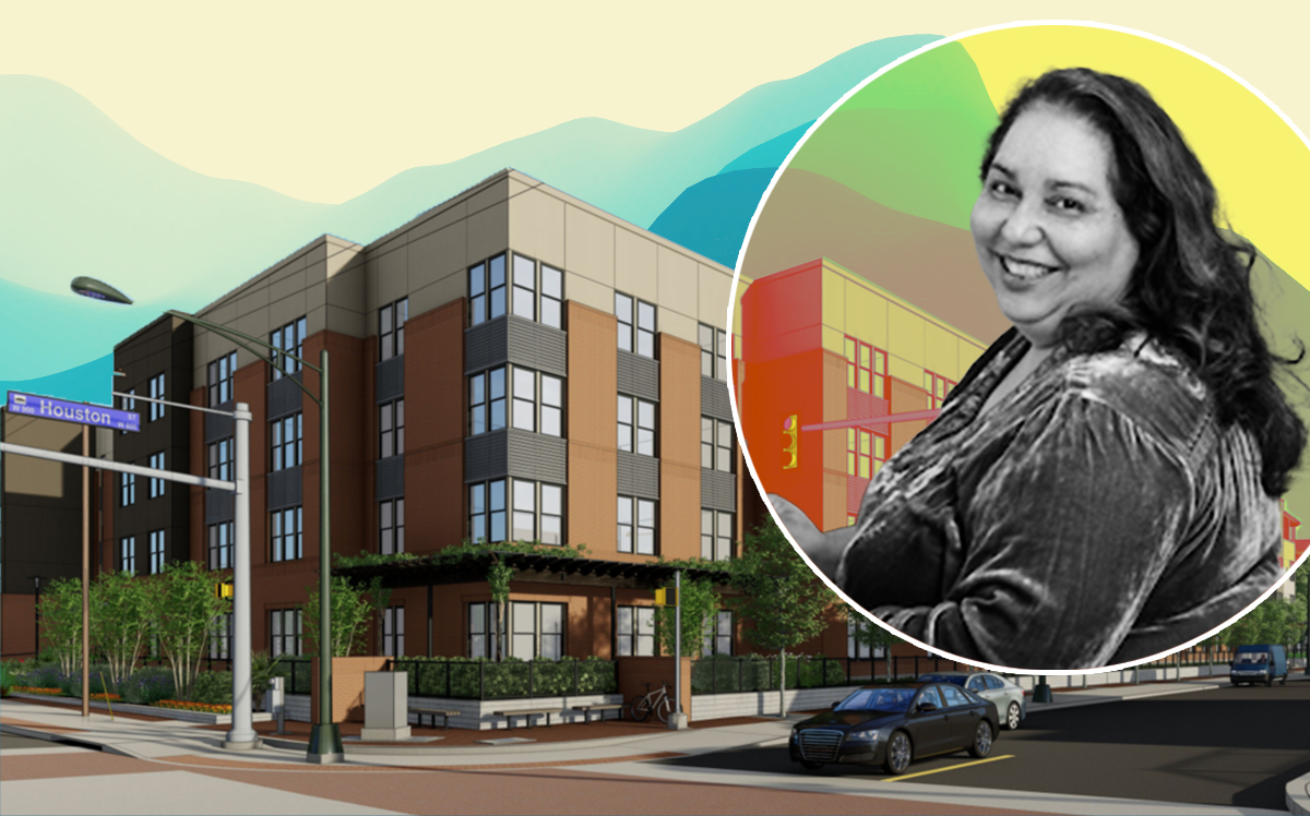 Rendering of 811 West Houston with Alamo Community Group Executive Director Jennifer Gonzalez