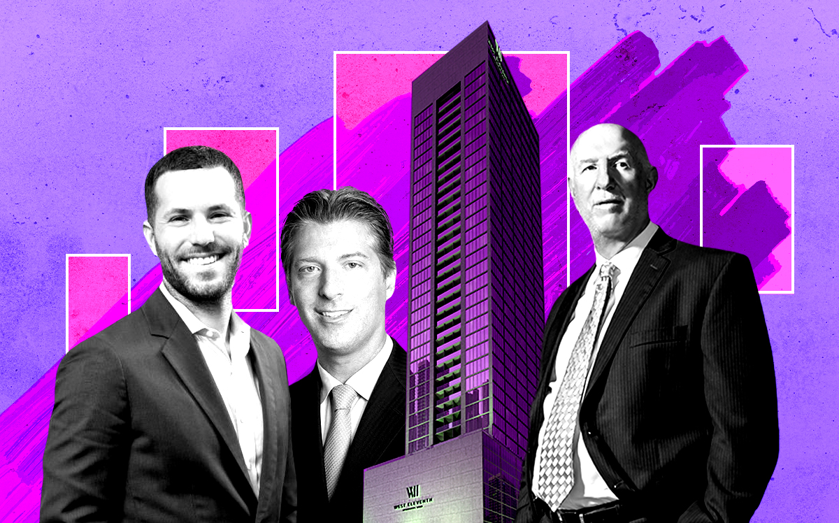 From left: Ryan Shear, Michael Simkins, and Marc Roberts with a rendering of the Airbnb condo tower (Getty, ArX Solutions)