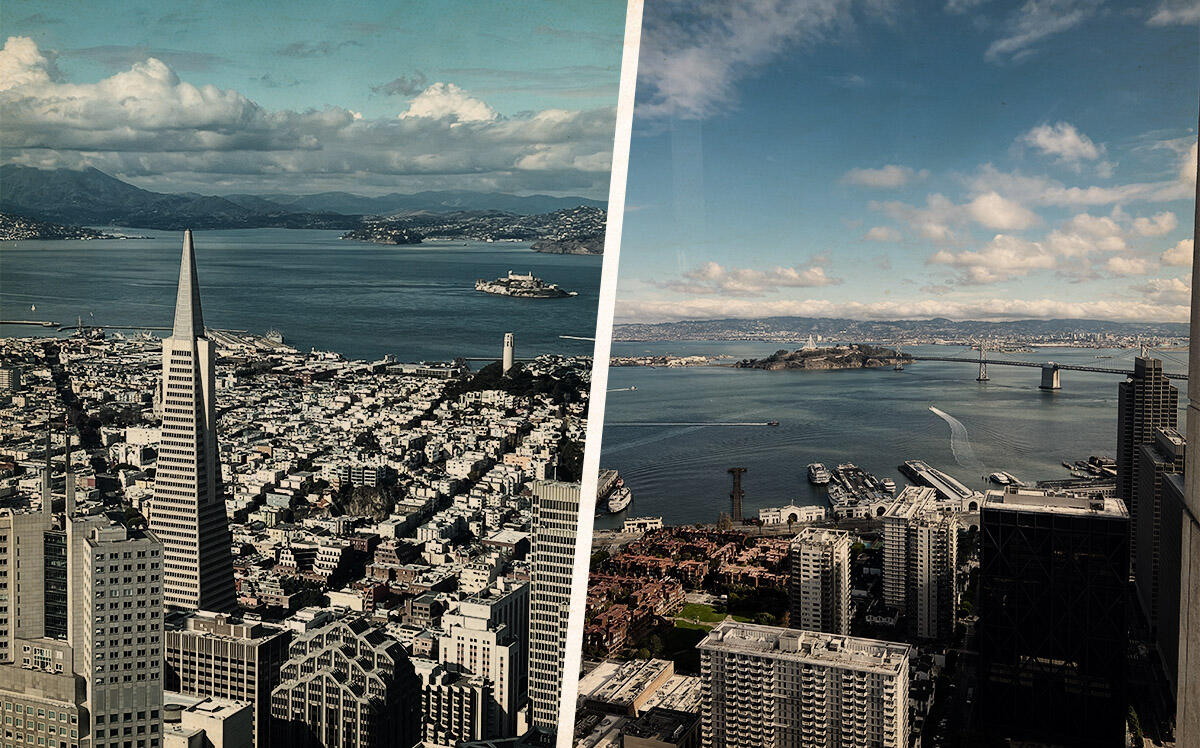 Aerial shots of Salesforce Tower, TransAmerica Pyramid (Photos by Emily Landes for The Real Deal, Getty)