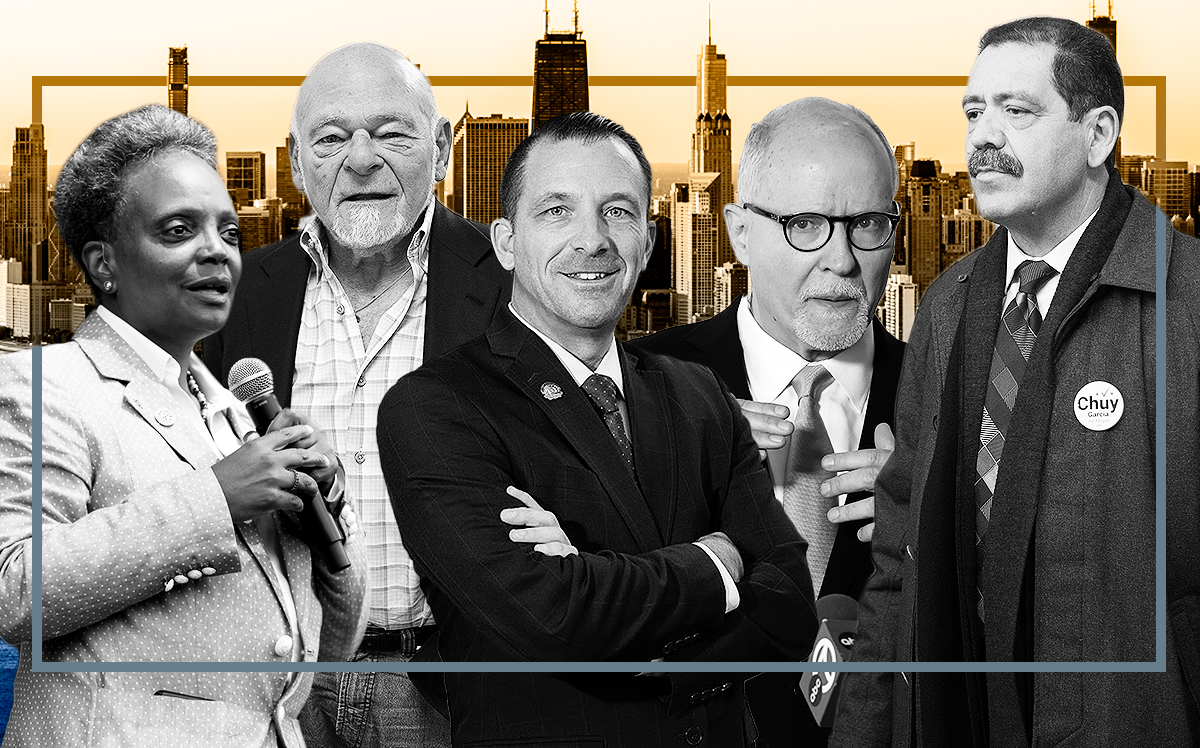 Mayor Lori Lightfoot, Equity Group Investments' Sam Zell, Illinois Realtors CEO Jeff Baker, former Chicago Public Schools CEO Paul Vallas and U.S. Rep. Jesus “Chuy” Garcia in front of the Chicago Skyline