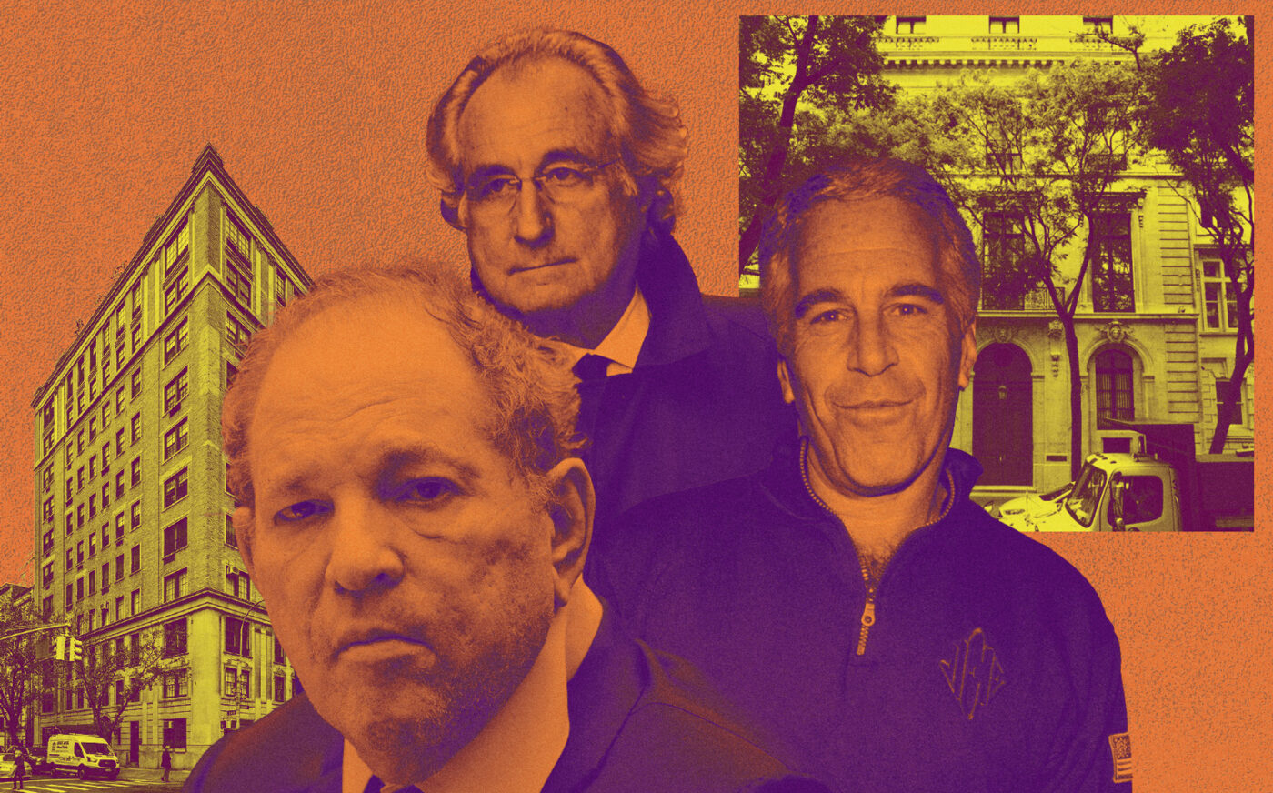 From left: Harvey Weinstein, Bernie Madoff, and Jeffrey Epstein with 133 East 64th Street and Epstein's former townhouse at East 71st Street