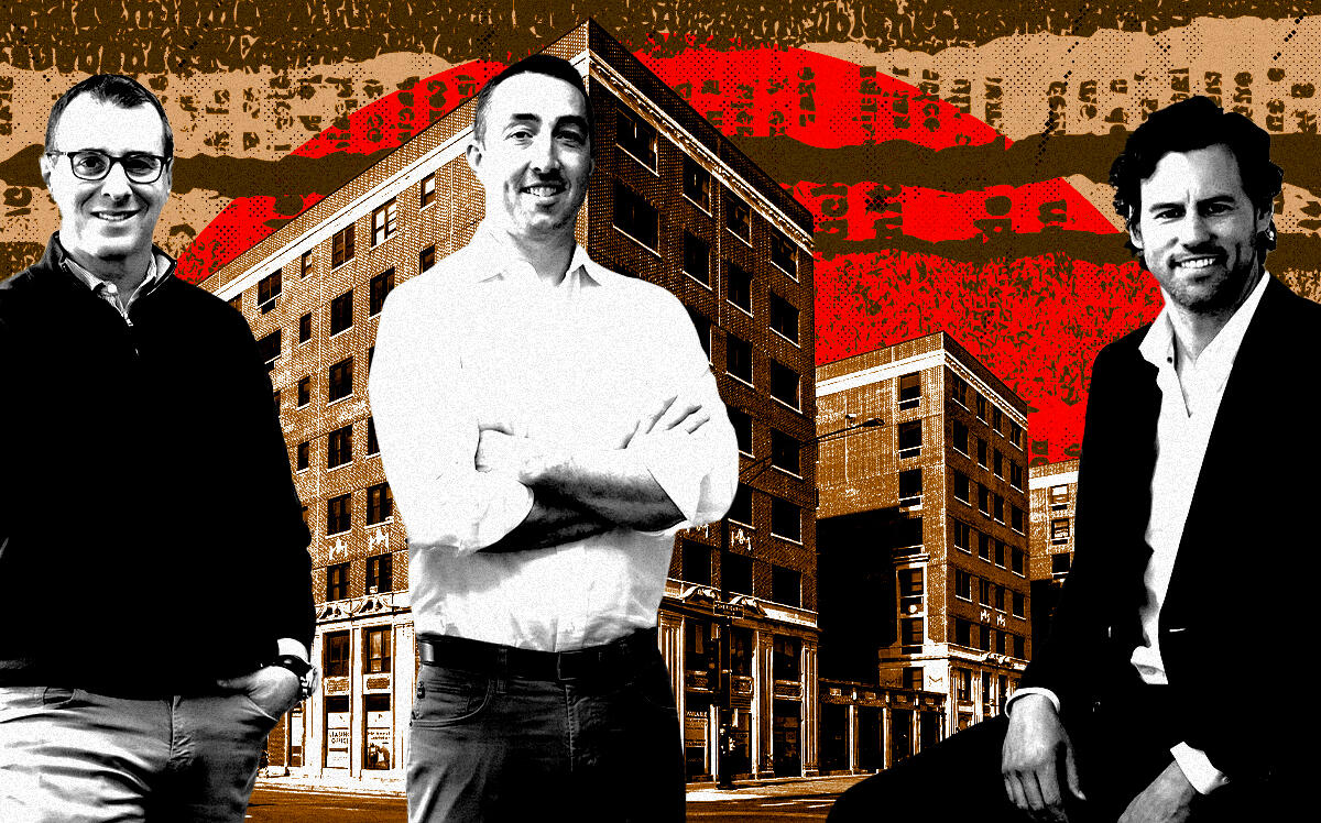 A photo illustration of Spirit Investments' Scott Zwilling, Ian Hafner and David Nachman along with 5200 North Sheridan Road (Getty, Spirit Investments)